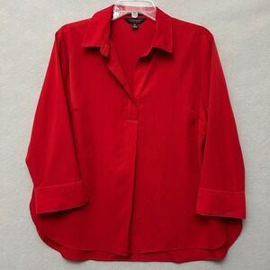 Investments Petites Red Popover Blouse Size PL Petite Large V-Neck Pleated Front